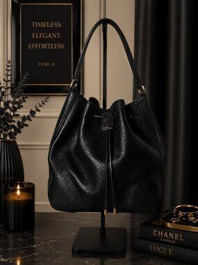 Furla Black Pebbled Leather Bucket / Hobo Bag - Excellent Condition!